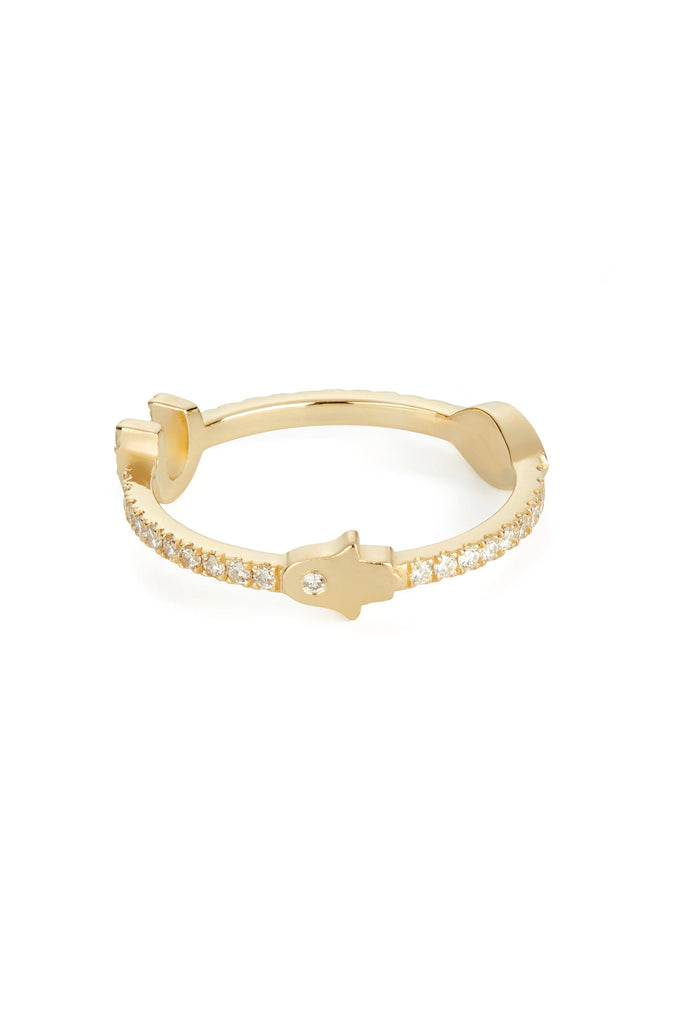 טבעת משובצת יהלומים עם 3 סמלים קמעי מזל- חמסה, עין, פרסה
