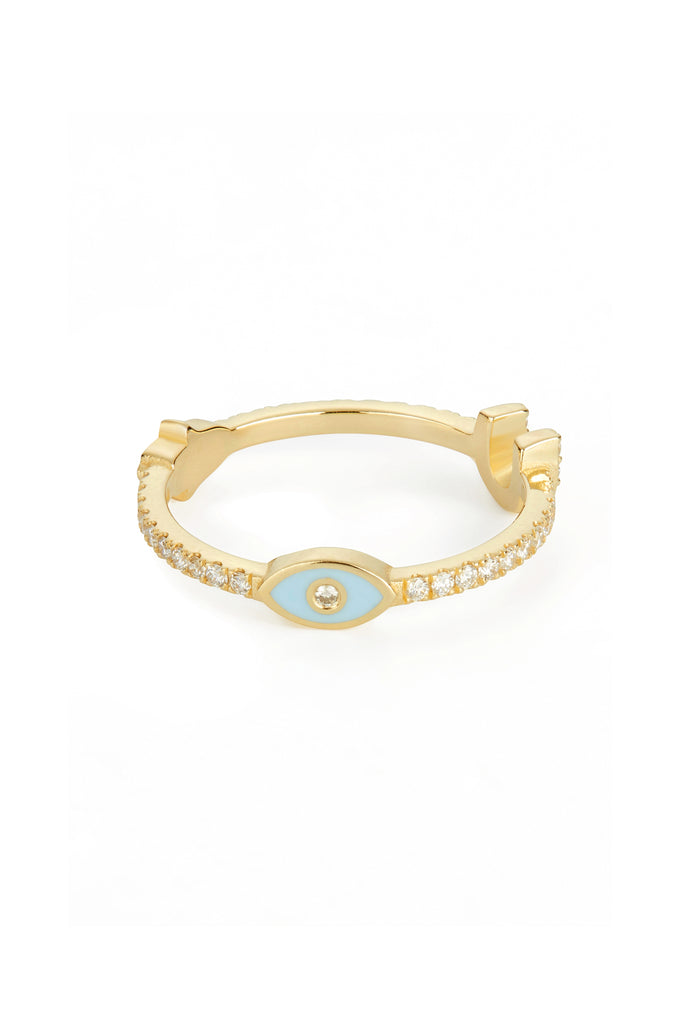 טבעת משובצת יהלומים עם 3 סמלים קמעי מזל- חמסה, עין, פרסה